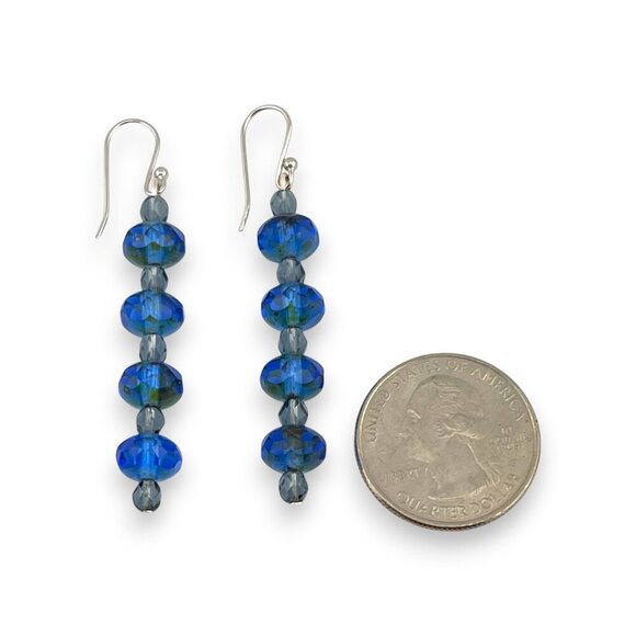 Faceted Cobalt Blue Linear Beaded Earrings Czech Glass Platinum Plated Ear Wires - Picture 6 of 8